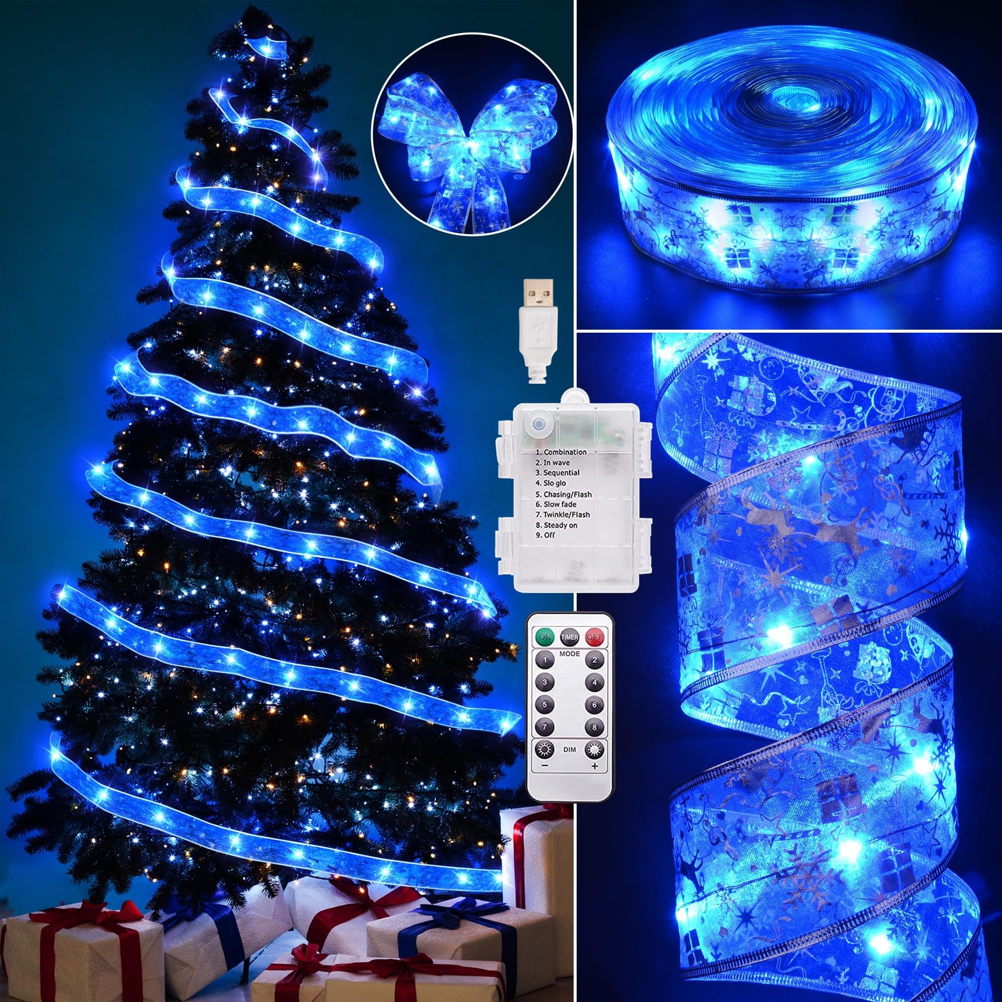 Christmas Decorations - 2.5Inch x 66Ft 200 Led Christmas Tree Ribbon Lights with 8 Lighting Modes, Battery Operated & USB Powered Fairy String Lights with Timer for Xmas Tree Decor