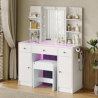Vanity Desk with Mirror and Lights, Vanity with Glass Top &Power Outlet, 9 LED Light Brightness Adjustable, Vanity with RGB Drawers, Dressing Table for Bedroom Dressing Room (White)
