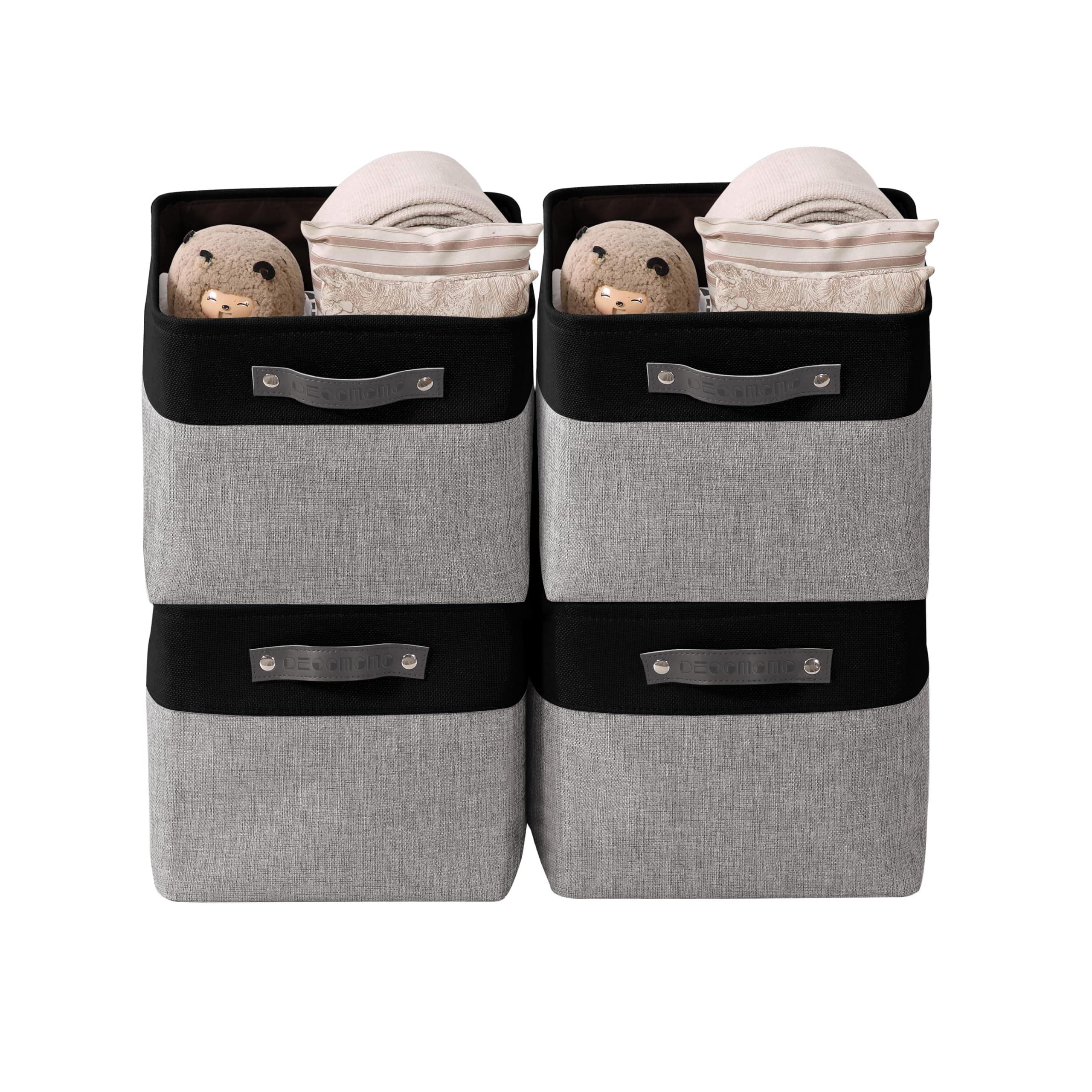 DECOMOMO Storage Baskets for Shelves - Fabric Storage Bins, Linen Closet Organizers and Storage (Grey & Black, Large - 4 Pack)