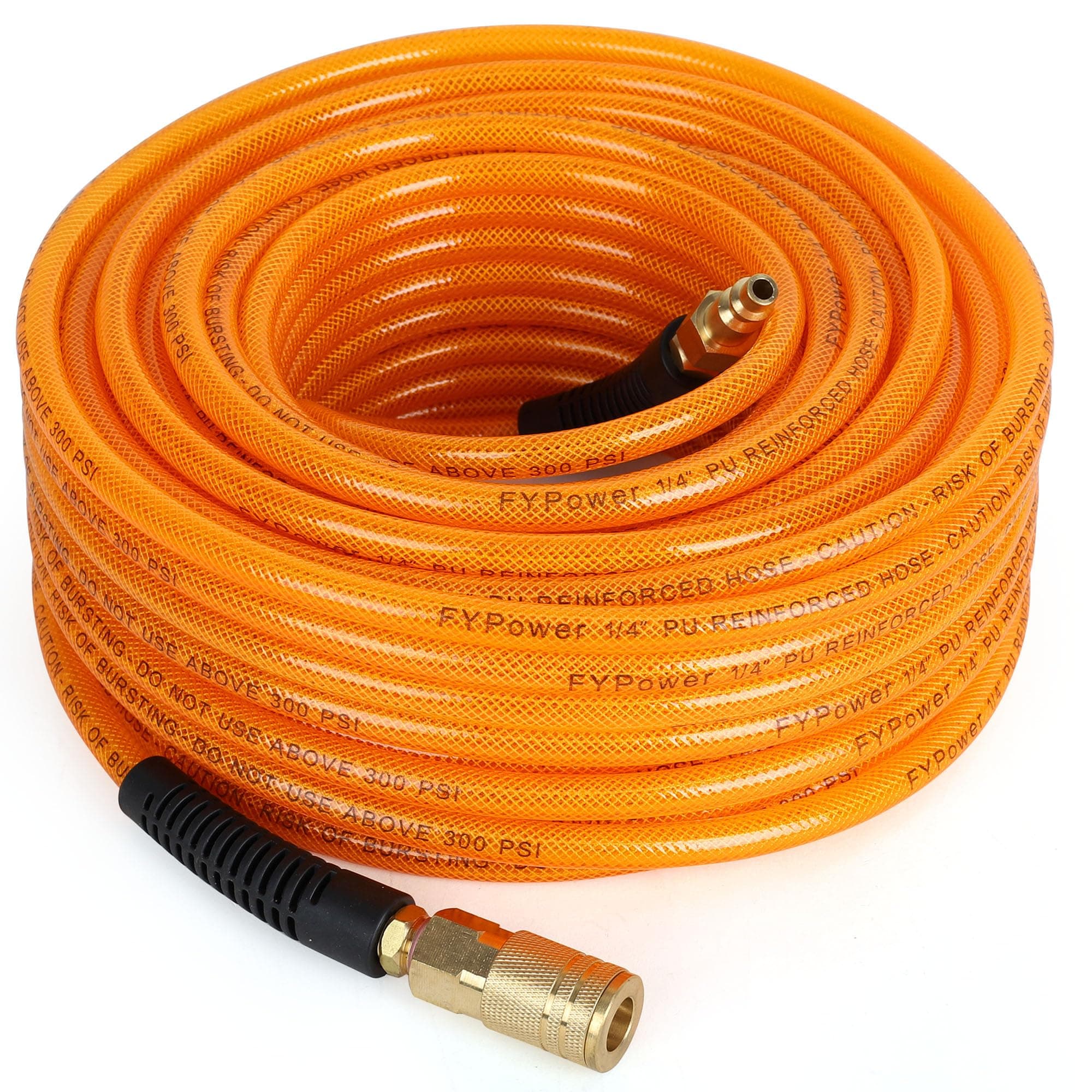 Air Compressor Hose 1/4 Inch x 100 Feet Flexeel Reinforced Polyurethane (PU) Air Hose with Fittings, Bend Restrictors, 1/4" Industrial Quick Coupler and Plug Kit