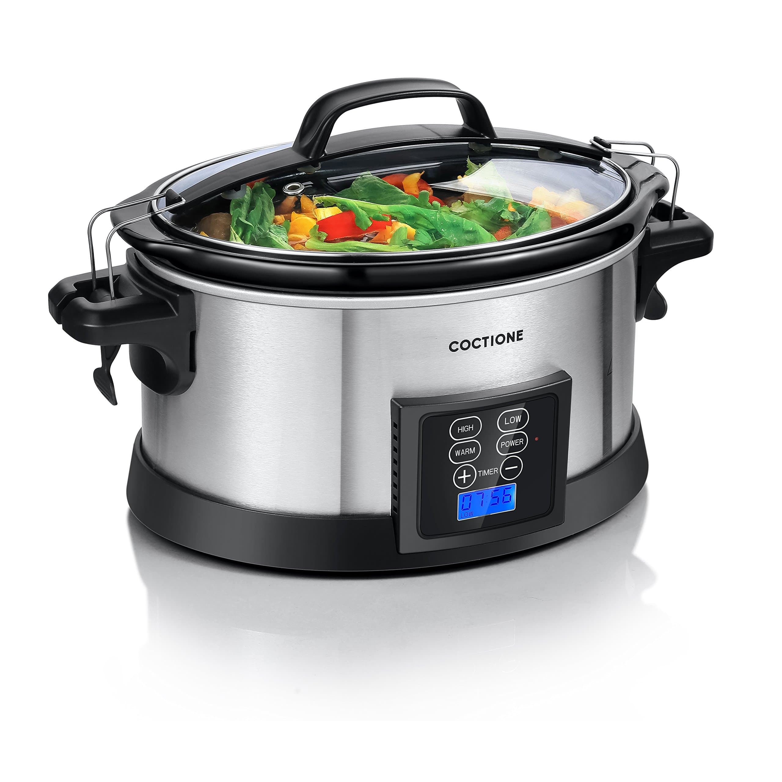 COCTIONE Slow Cooker 6 Quart Oval Shaped Carry Cooker, Electric Programmable LCD Digital Timer Auto Shut Off Cook with Removable Ceramic Cooking Pot & Latch Lock Lid and Stainless Steel Finish
