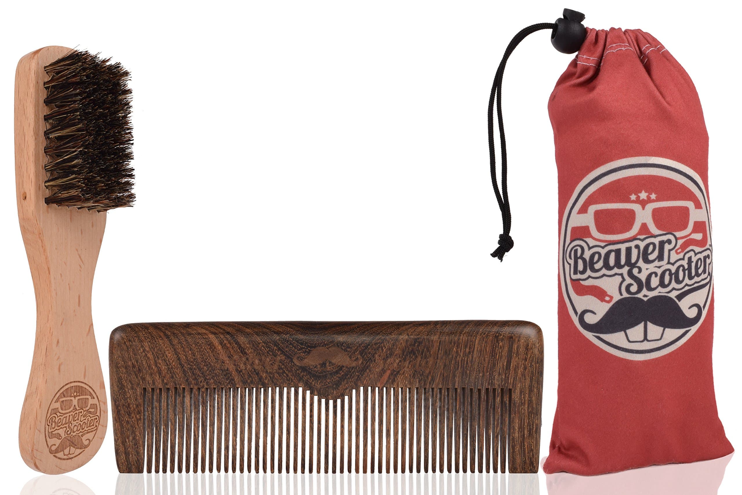 Beechwood Beard Brush and Sandalwood Comb Set With Microfiber Pouch