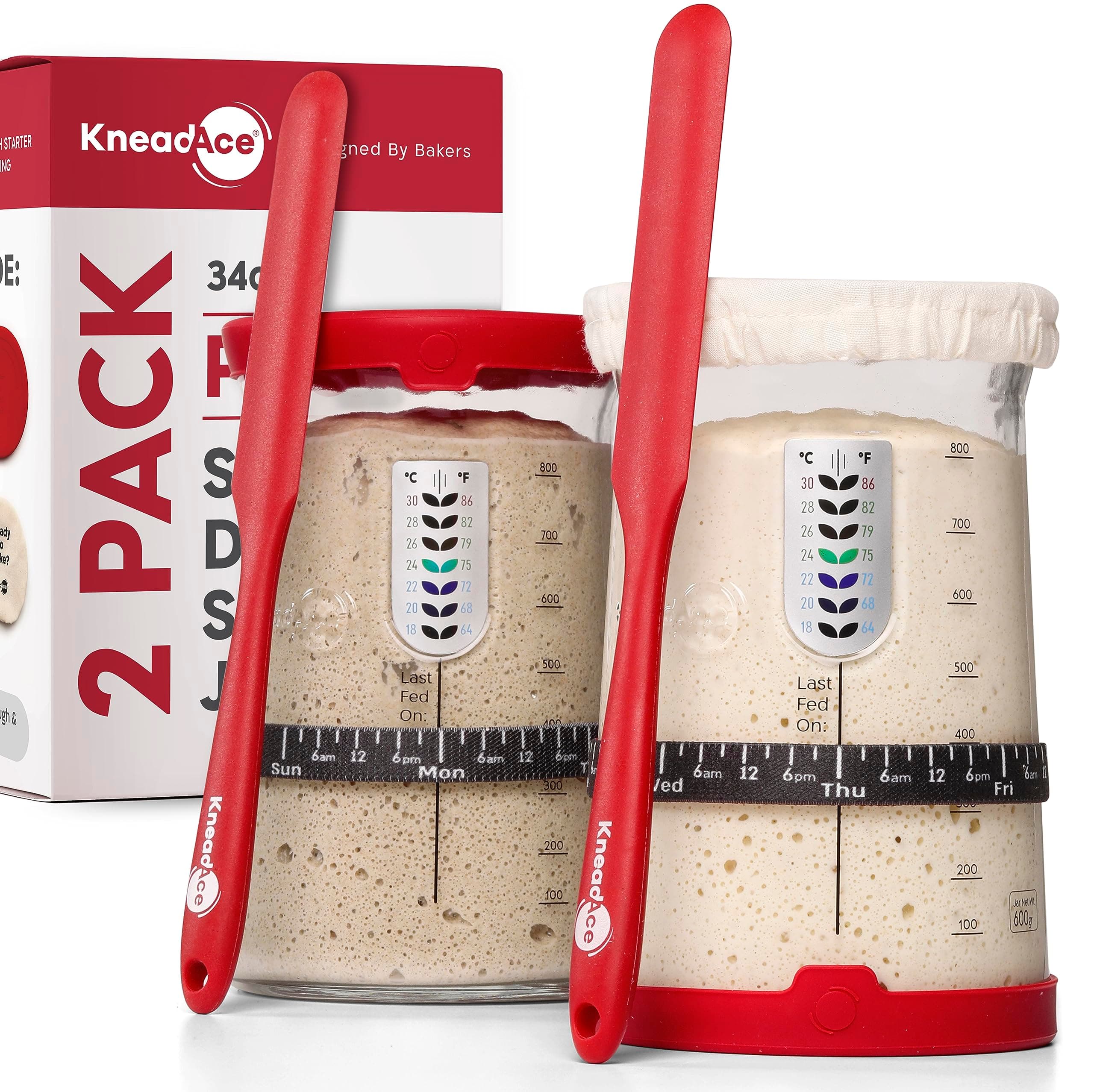 KNEADACE Pro Sourdough Starter Kit - 34oz Large Capacity Glass Fermentation Jar with Lid & Tracker, Sourdough Starter Fermenter for Homemade Sourdough, Bread Dough Prep & Culinary Fermentation, 2 Pack