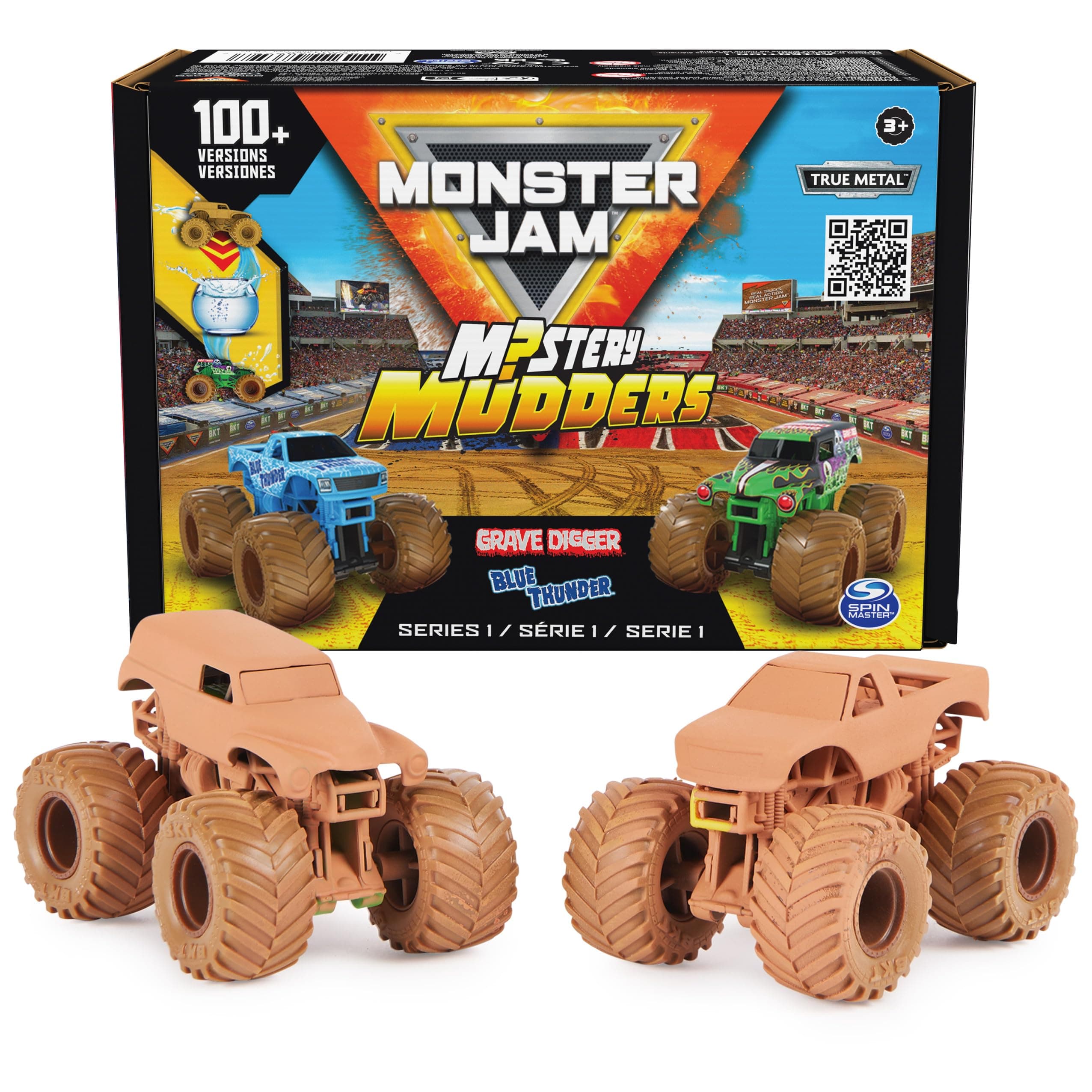 Monster Jam, Mystery Mudders 2-Pack, Official Grave Digger and Blue Thunder Die-Cast Monster Trucks, Wash to Reveal, 1:64 Scale Die Cast (Styles Will Vary)