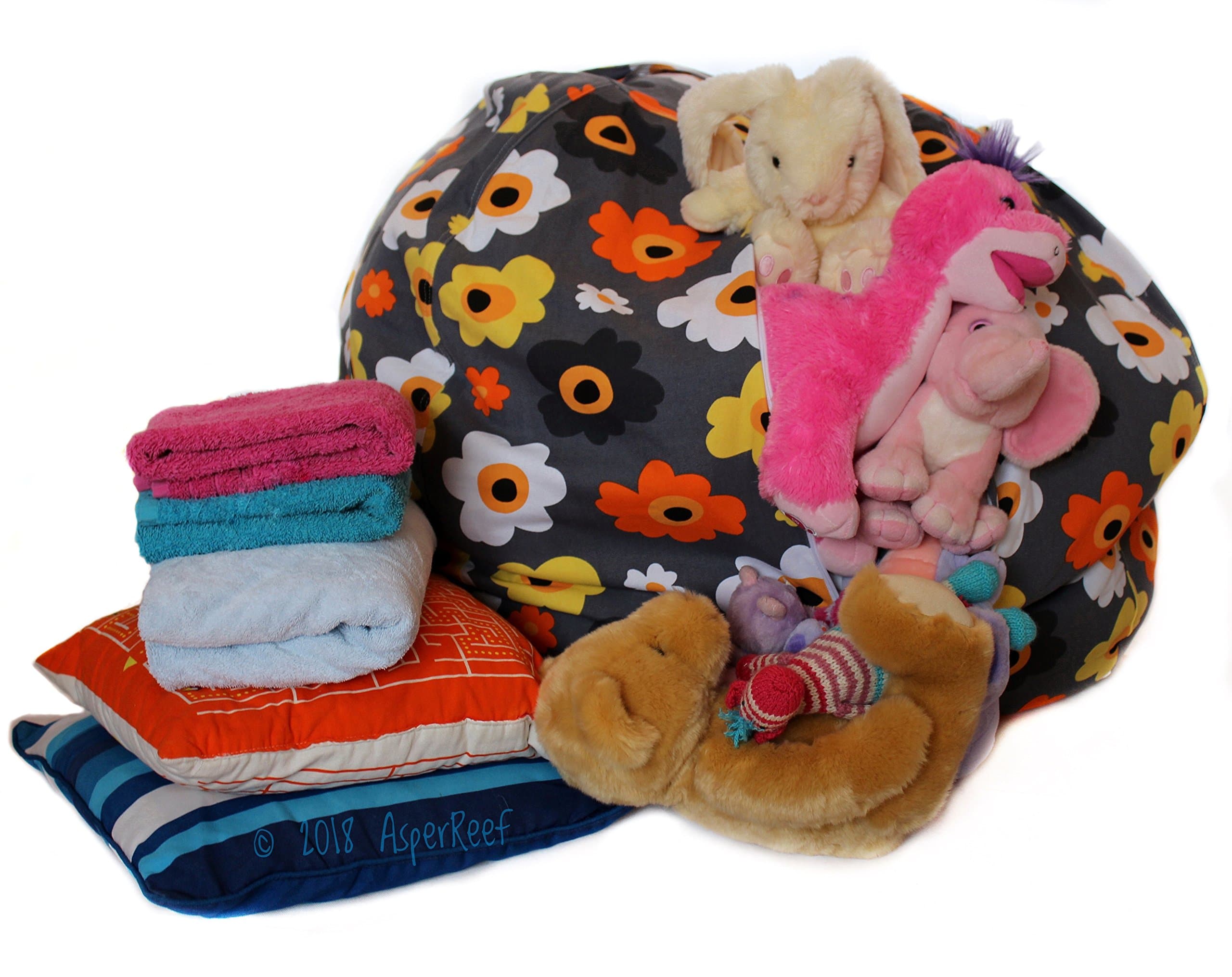 AsperReef Store N Chill 38' EXTRA LARGE TOY STORAGE BEAN BAG COVER – Stuffed Animal, Clothes Organizer Turns into Chair