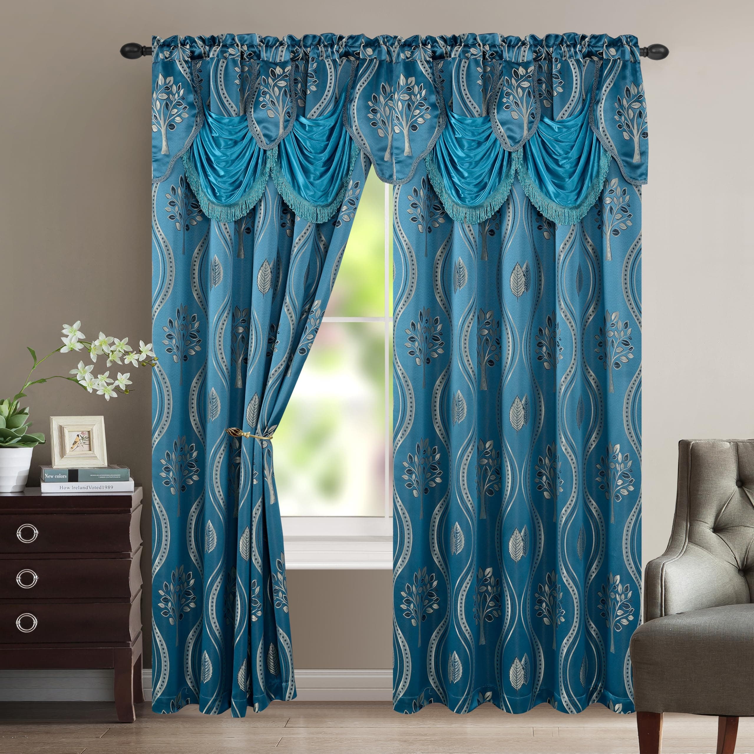 Elegant Comfort Luxurious Beautiful Curtain Panel Set with Attached Valance and Backing 54" X 84 inch (Set of 2), Navy Blue