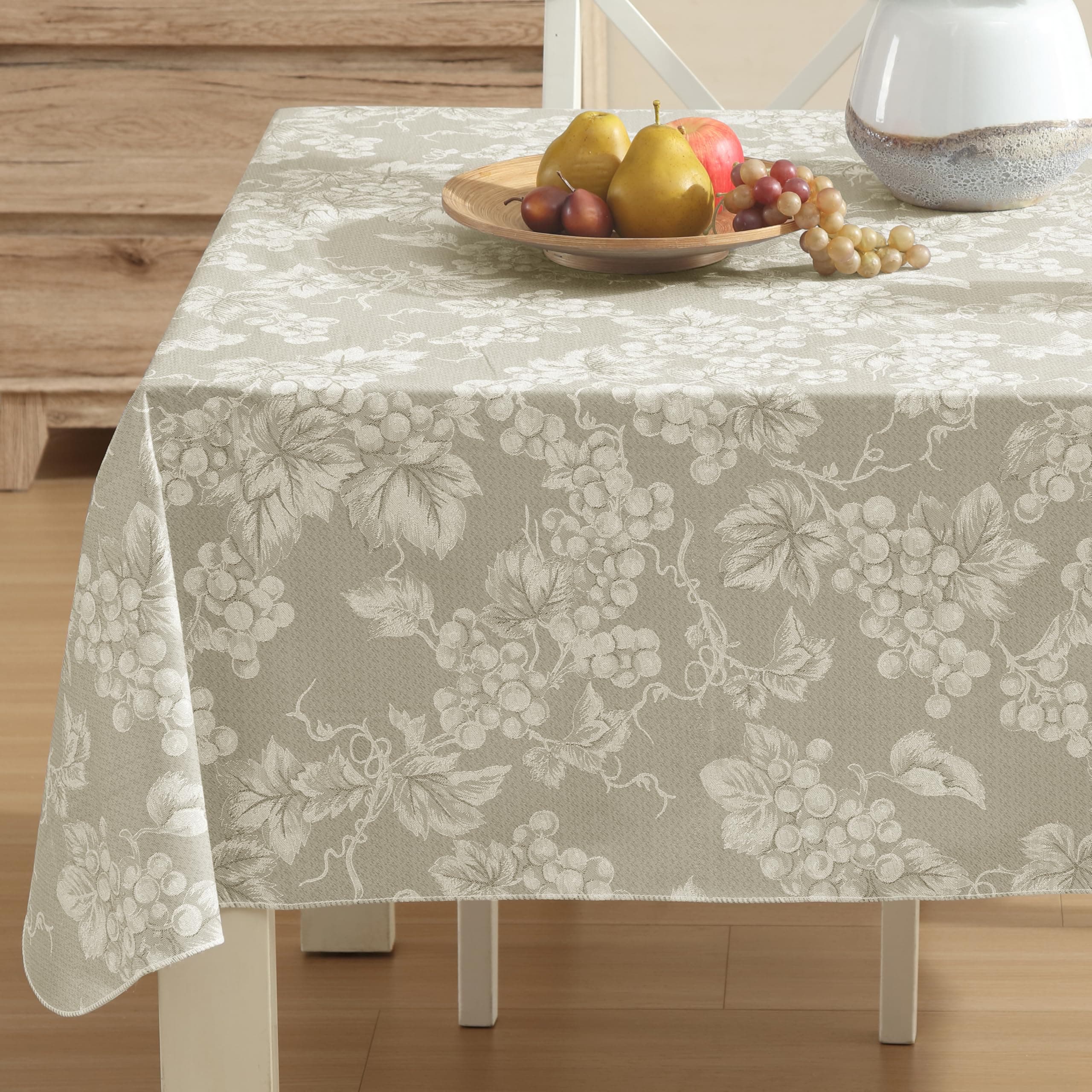 Lintex Home Bargains Plus 60 x 120 Inch Rectangle Vinyl Tablecloth with Flannel Backing, Traditional Grapevine Print, Waterproof Indoor Outdoor Dining Room, Party and Banquet Table Cover, Ivory