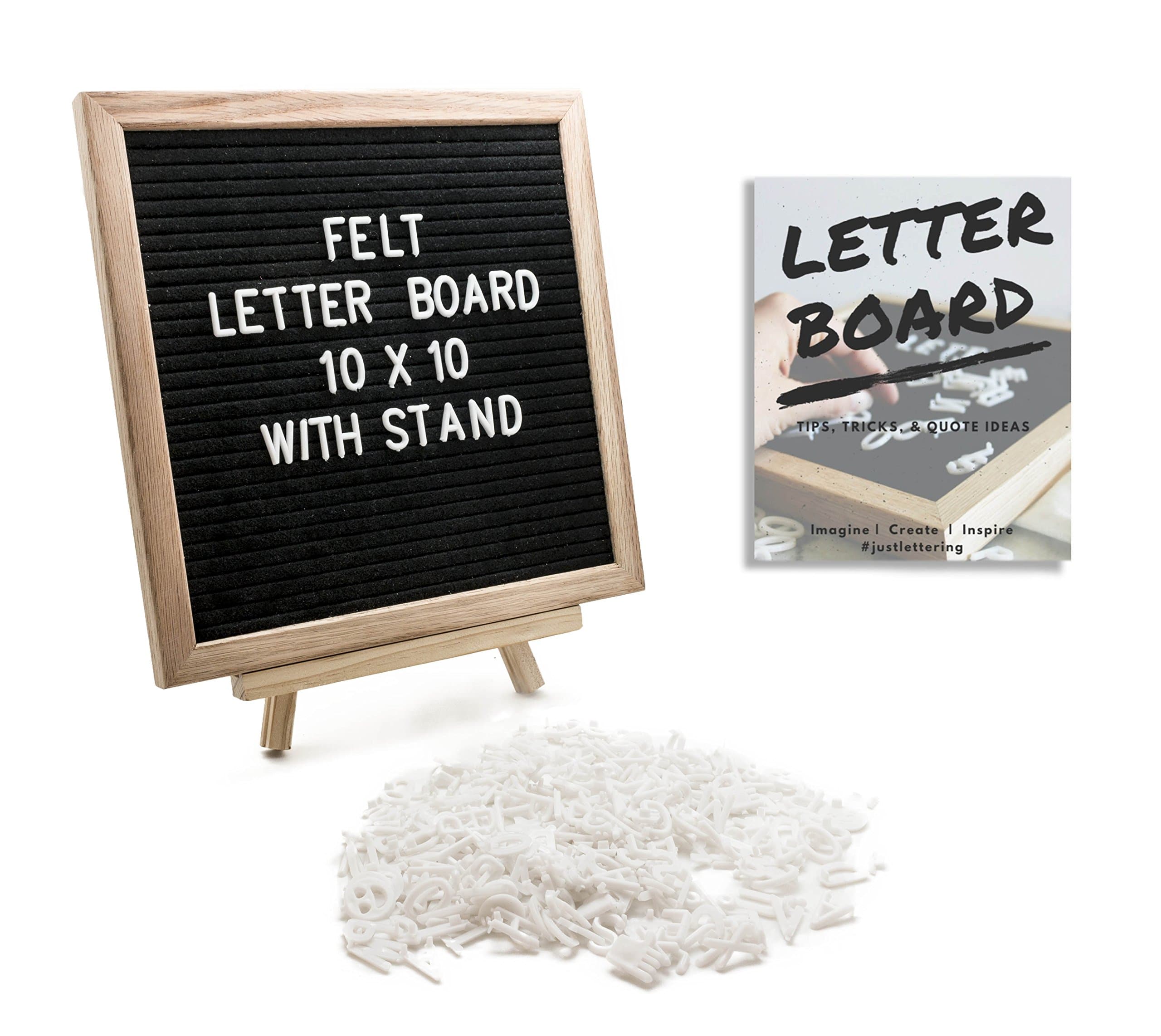 Felt Letter Board 10x10 inch Oak Wood Frame, 374 Changeable White Plastic Letters, Numbers, Symbols & Emojis, Wooden Tripod Stand, Cotton Bag, Free Ebook, Wall Mount, Quotes, Messages, Gifts