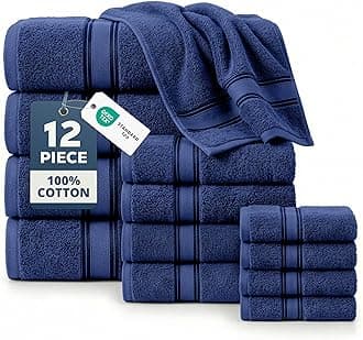100% Mercerized Cotton Towels Set 12 – Zero Twist, 4 Bath Towels, 4 Hand Towel & 4 Washcloths, Stays Plush After Washes, Ideal for Spa, Hotel & Family Bathrooms, Highly Absorbent – Navy