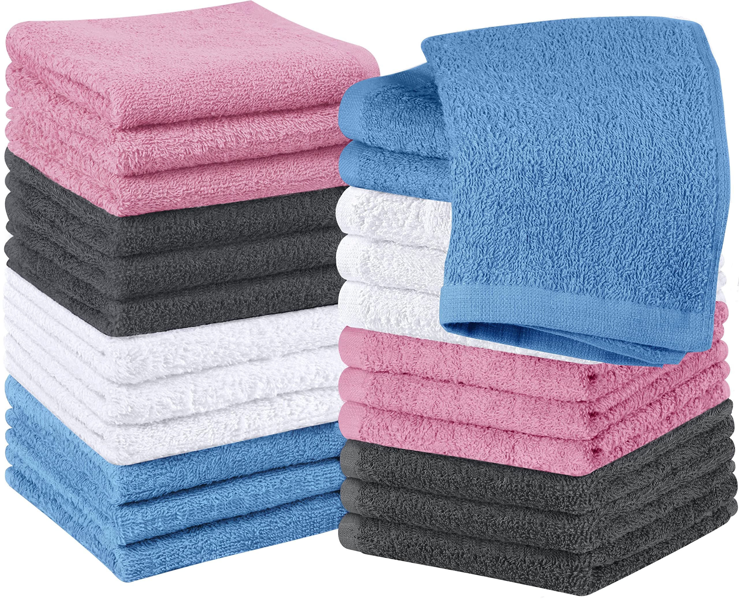 Utopia Towels 24 Pack Cotton Washcloths Set, 100% Ring Spun Cotton, Premium Quality Flannel Face Cloths, Highly Absorbent and Soft Feel Fingertip Towels, White, Grey, Electric Blue, Pink