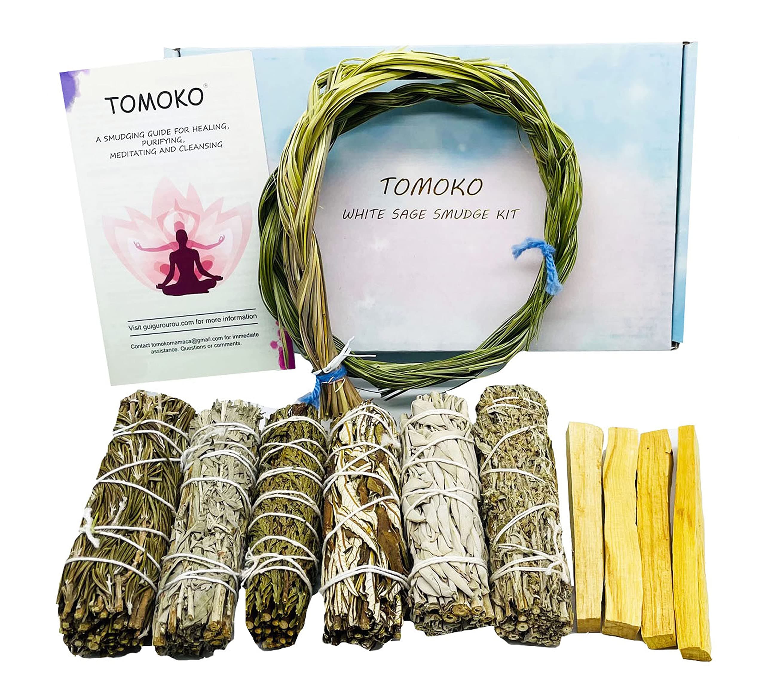 Smudge Stick Sample Kit - White Sage, Rosemary, Blue Sage, Cedar, Black Sage, Yerba Santa, 4 Palo Santo, Sweetgrass & Smudging Guide!
