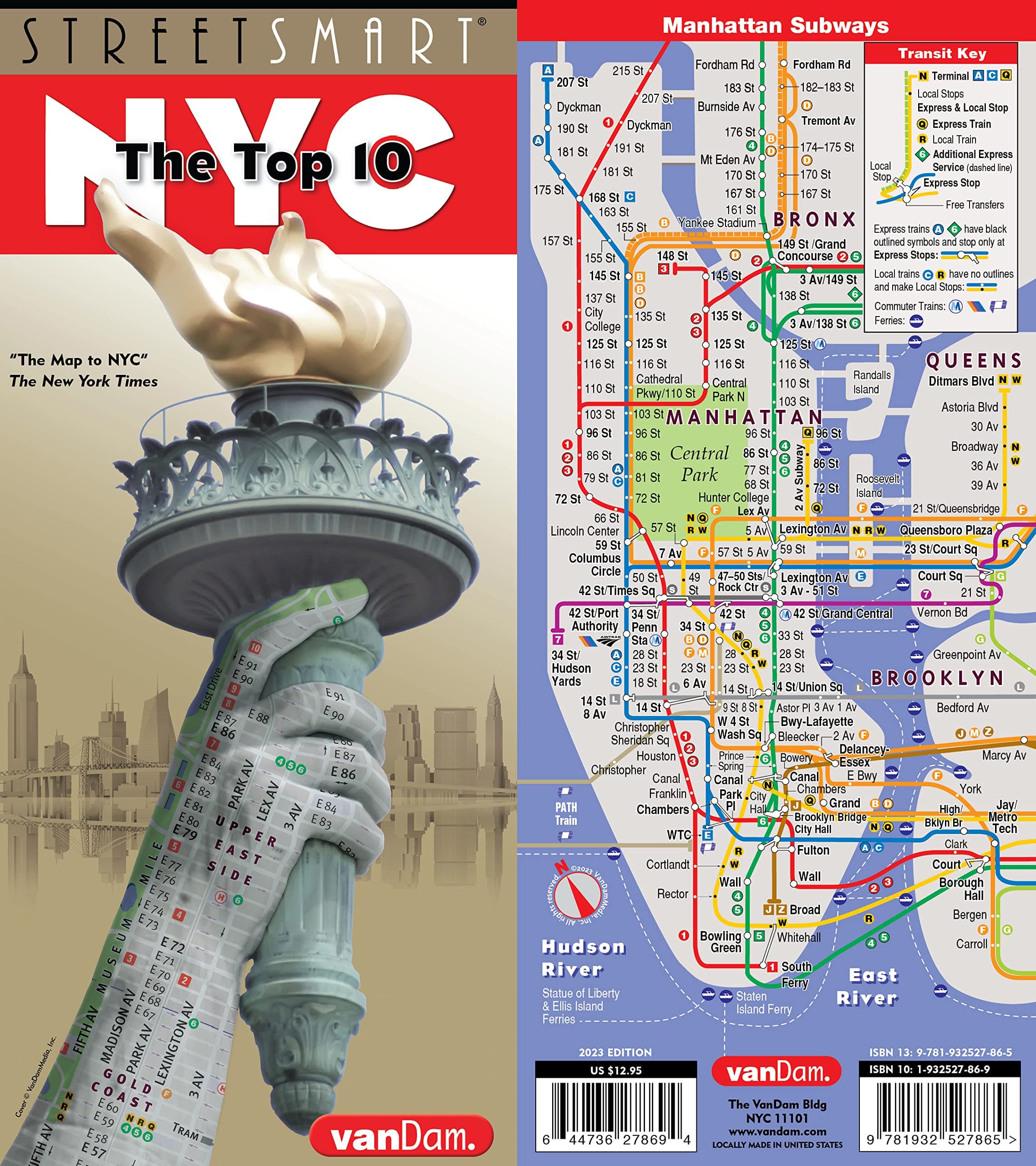 StreetSmart NYC Top 10 Map by VanDam — Laminated pocket size NYC Street & Souvenir Map of Manhattan, NY with 3D Skyline Poster and Top 10 Sights described plus all attractions, museums, sights and ferry routes and NYC Subway Map 2025 edition