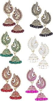 MEENAZ Peacock Jhumkas Jhumka jhumki Earrings Combo set Ear rings For Women girls Ladies Traditional Wedding Temple Gold Meenakari Ethnic Antique South Indian Round Pearl Moti Feather jhumki combo M05