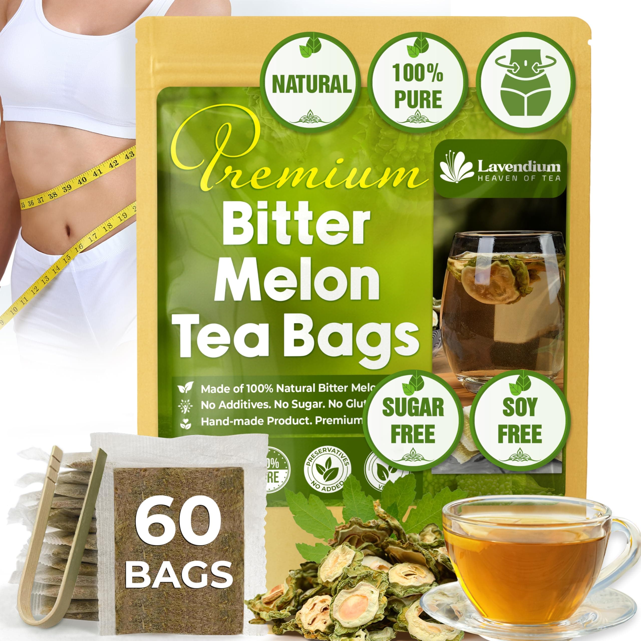 Lavendium, Premium 60 Tea Bags Bitter Melon Fruit Herbal Tea, 100% Natural and Pure, Hand-made, Made With Natural Materials-Corn Fiber Tea Bag, Sugar Free. Caffeine Free. Gluten Free. Vegan