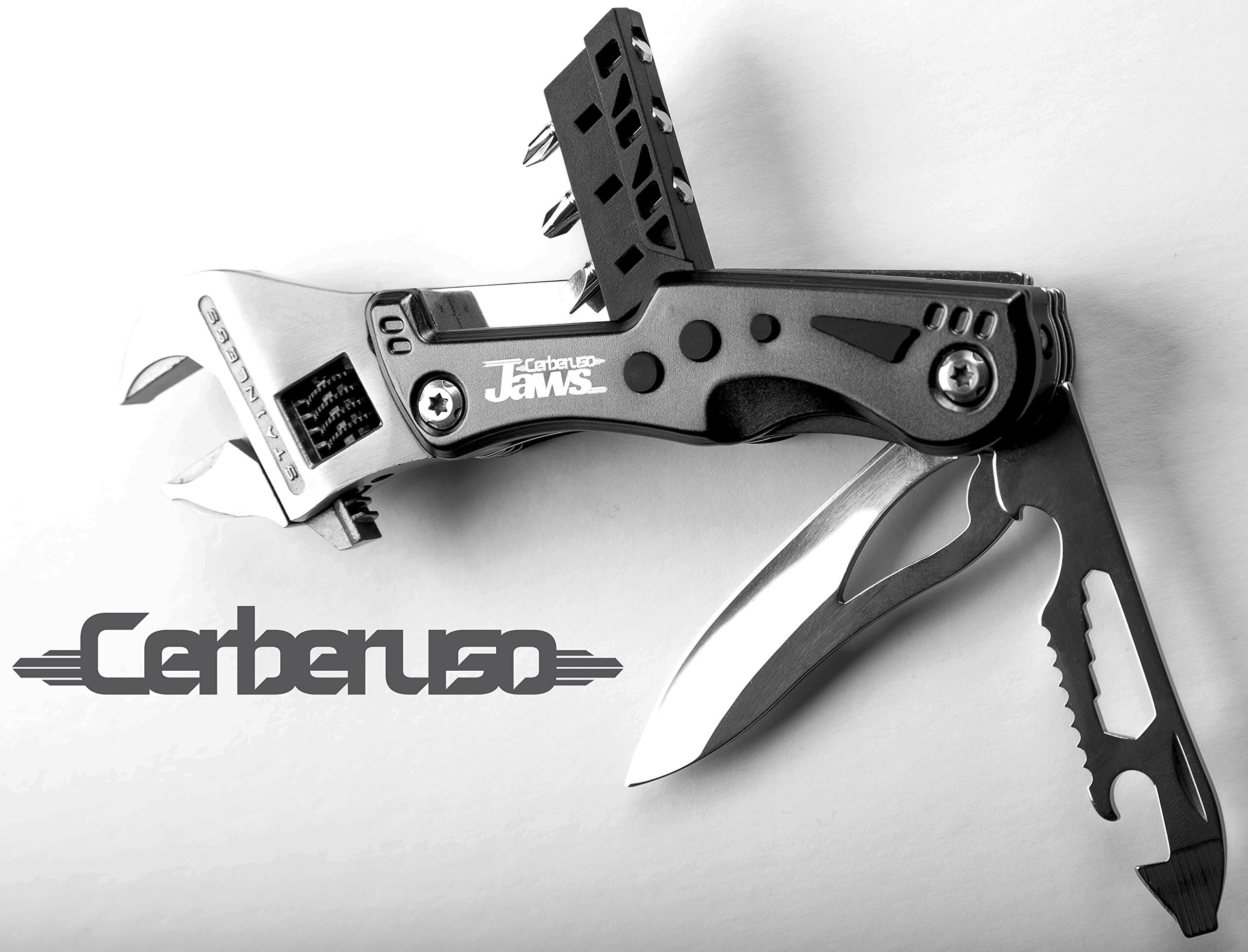Cerberuso JAWS. Multi 9-in-1 Adjustable Wrench Knife with 3 Changeable Screwdrivers and LED Torch. Heavy Duty survival hand tool with 3 inch Blade & Bottle openers. With Free Nylon Belt Pouch