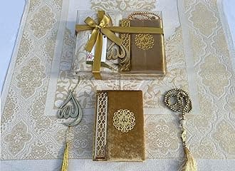 Prayer Rug Set with Thanks Card, Full Arabic Quran Prayer Rug, Beads and Car Hanger Set,Ramadan Eid Wedding Birthday Graduation Mother's Day (Gold)