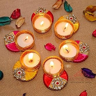 Jaipur Ace Decorative Diwali Tealight Diya | Traditional Handmade Kundan Work Set for Home Decoration | for Ganesh Chaturthi Laxmi Pooja (Set of 6)