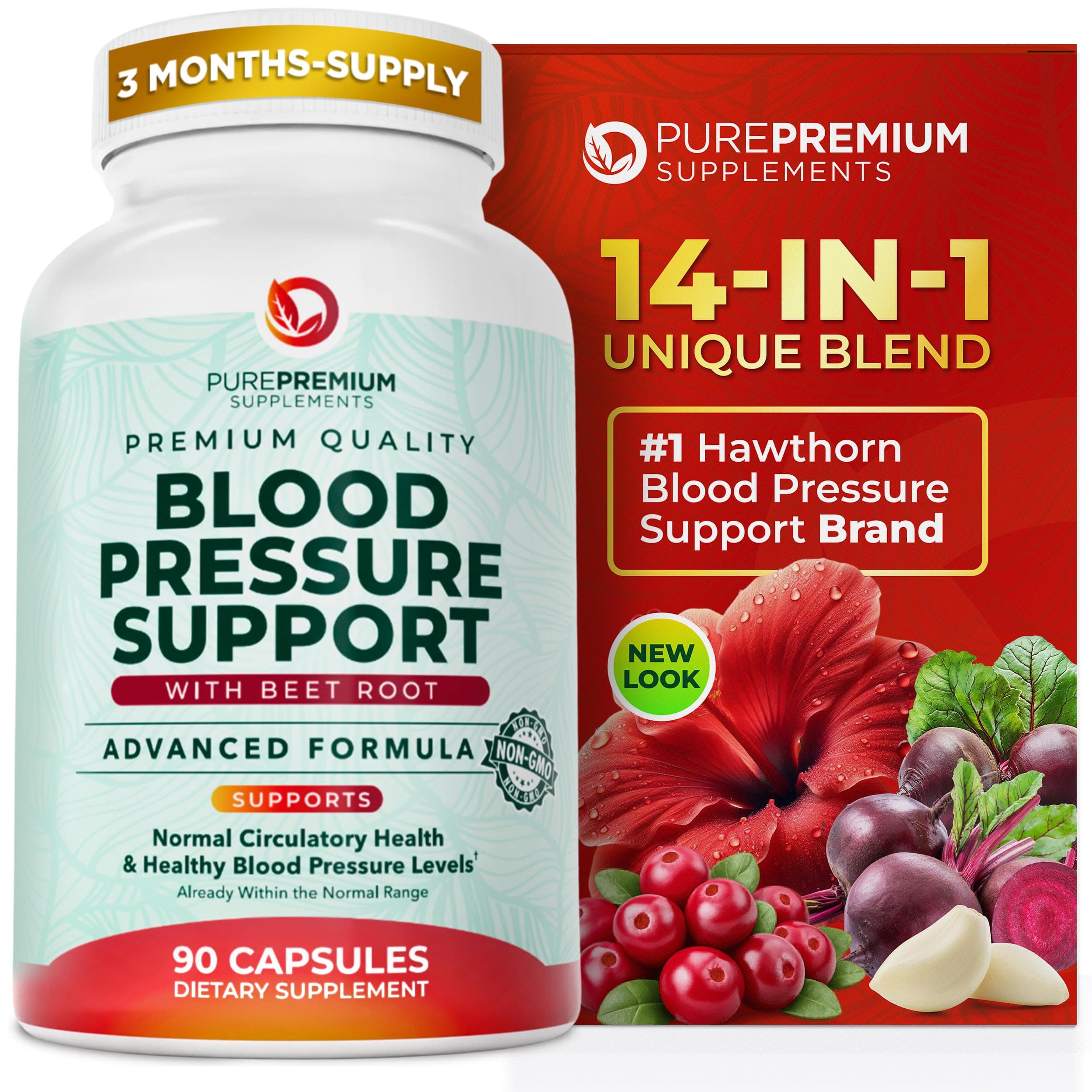 PurePremium Beet Root Capsules for Blood Pressure Support – 14-in-1 Formula with Beetroot Powder, Hawthorn, Hibiscus & Garlic for Normal Nitric Oxide Production & Heart Health – Non-GMO - 90ct