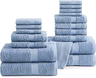 100% Cotton Bathroom Towels - 18 Piece Set - Super Soft, Quick Dry & Absorbent - 4 Bath, 8 Washcloths, 6 Hand Towels for Bathroom - Hotel Quality & Suitable for Family - Cerulean Blue