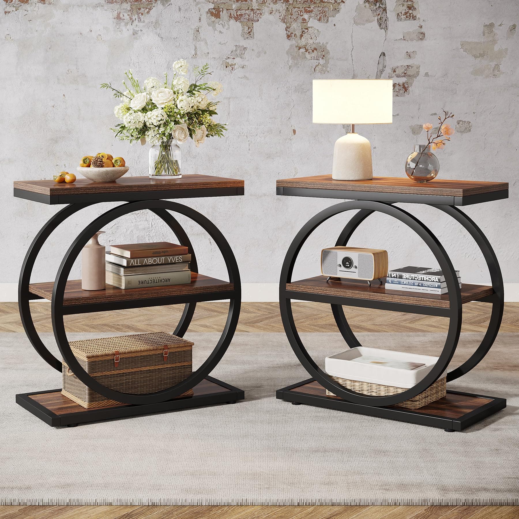 Tribesigns End Table Set of 2, Narrow End Table with 3 Storage Shelves, Wooden Side Table, Industrial Small Sofa Side Table for Living Room, Slim Nightstand and Bedside Table for Bedroom
