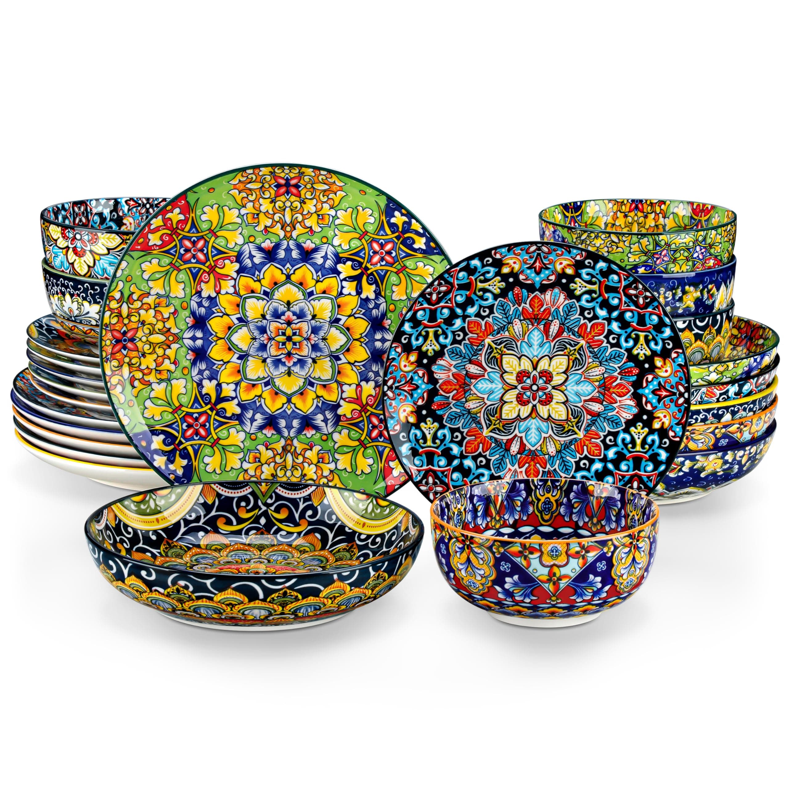 vancasso 24 Pieces Dinnerware Sets, Plates and Bowls Set, Porcelain Dishes Set for 6, Microwave and Dishwasher Safe, Scratch Resistant, Bohemian Style Dining Ware Service for 6, Series SIMI