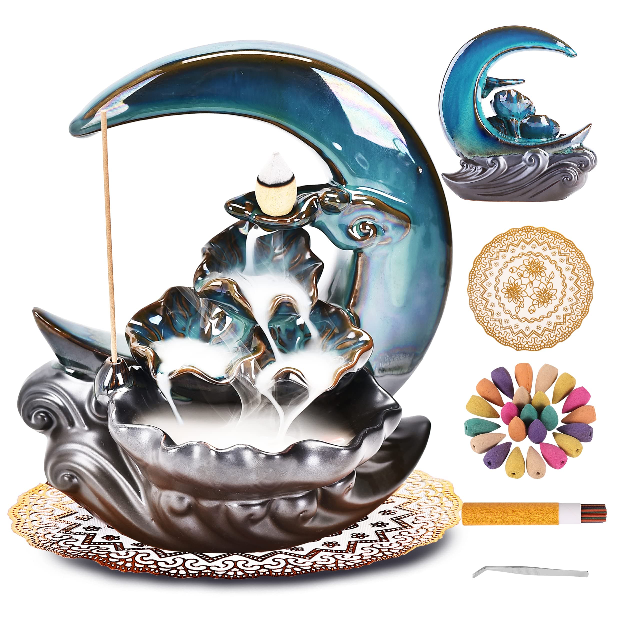 New Moon Backflow Incense Holder, Ceramic Hand-Made Incense Fountain Burner with 100 Backflow Incense Cones，Fragrance Incense Stick，Mat，Aromatherapy Home Decoration