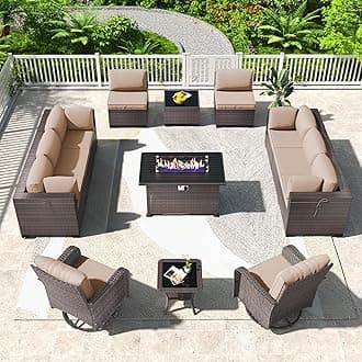 Kullavik 13 Pieces Outdoor Patio Furniture Set,PE Wicker Rattan Sectional Sofa Patio Conversation Sets with 43" 55000BTU Gas Propane Fire Pit Table,Swivel Rocking Chairs Set,Sand