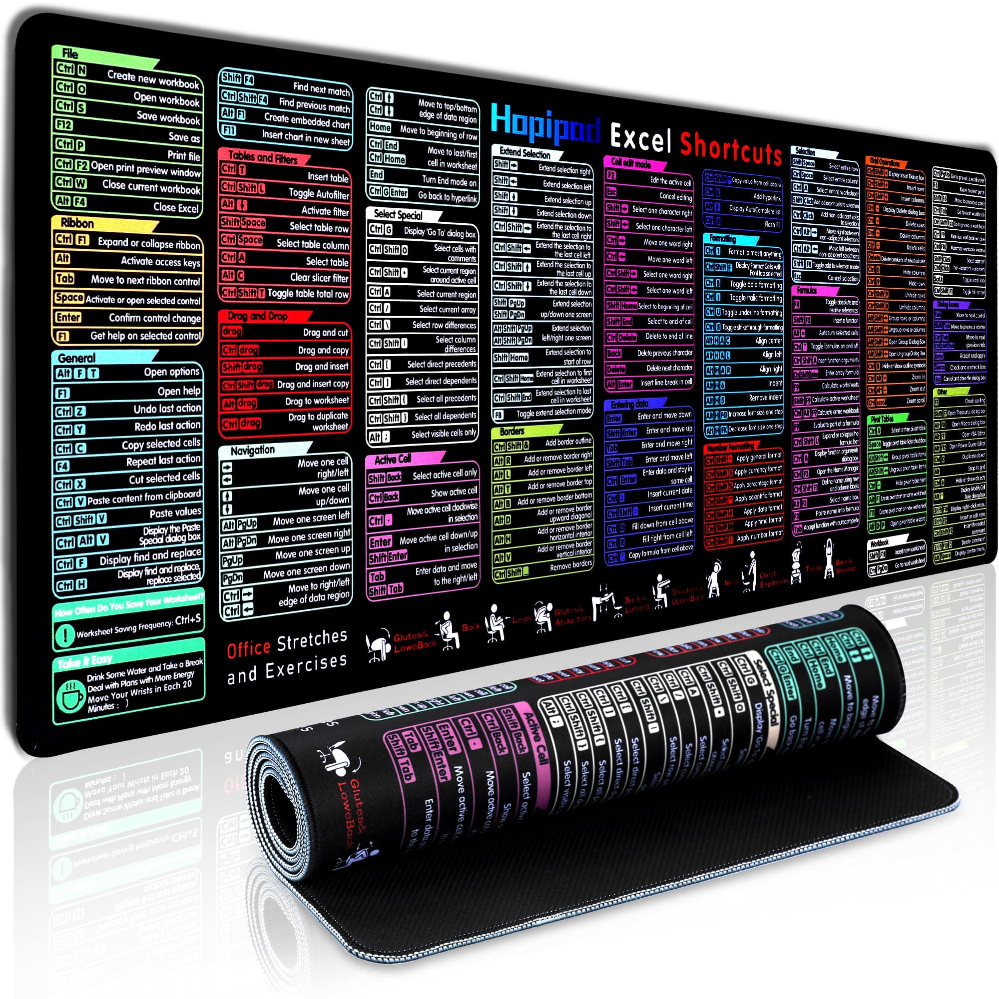 Excel Cheat Sheet Desk Pad, XXL Large Mouse Pad for Home Office & PC Desk | Non-Slip Desk Mat for Keyboard & Mouse | Waterproof, Stitched Edges for Excel Users, Gamers (31.5" x 11.8")