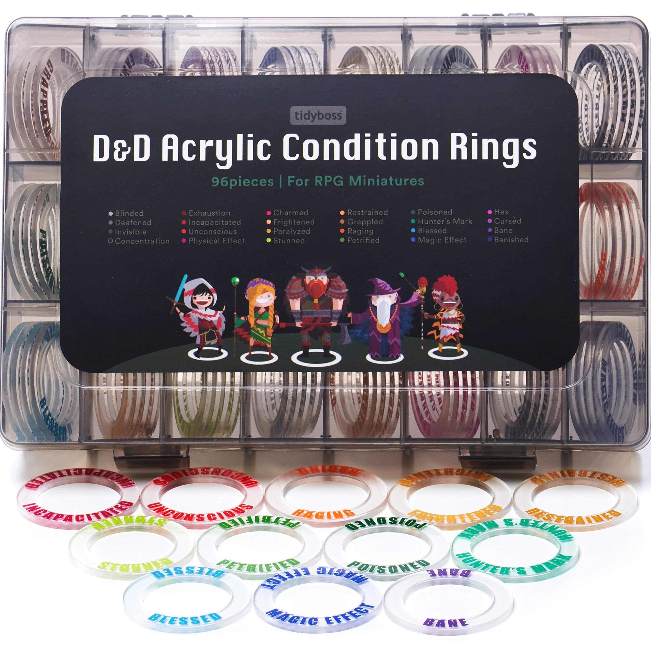 TIDYBOSS DND Miniatures Acrylic Condition Rings 96 PCS Status Effects Markers in 24 Conditions & Colours for Dungeon and Dragon Game Accessories for RPG Tabletop Gaming with Storage Box