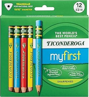 Ticonderoga My First Short Triangular Wood-Cased Pencils, #2 HB Soft, With Erasers, Primary Colors, 12 Count