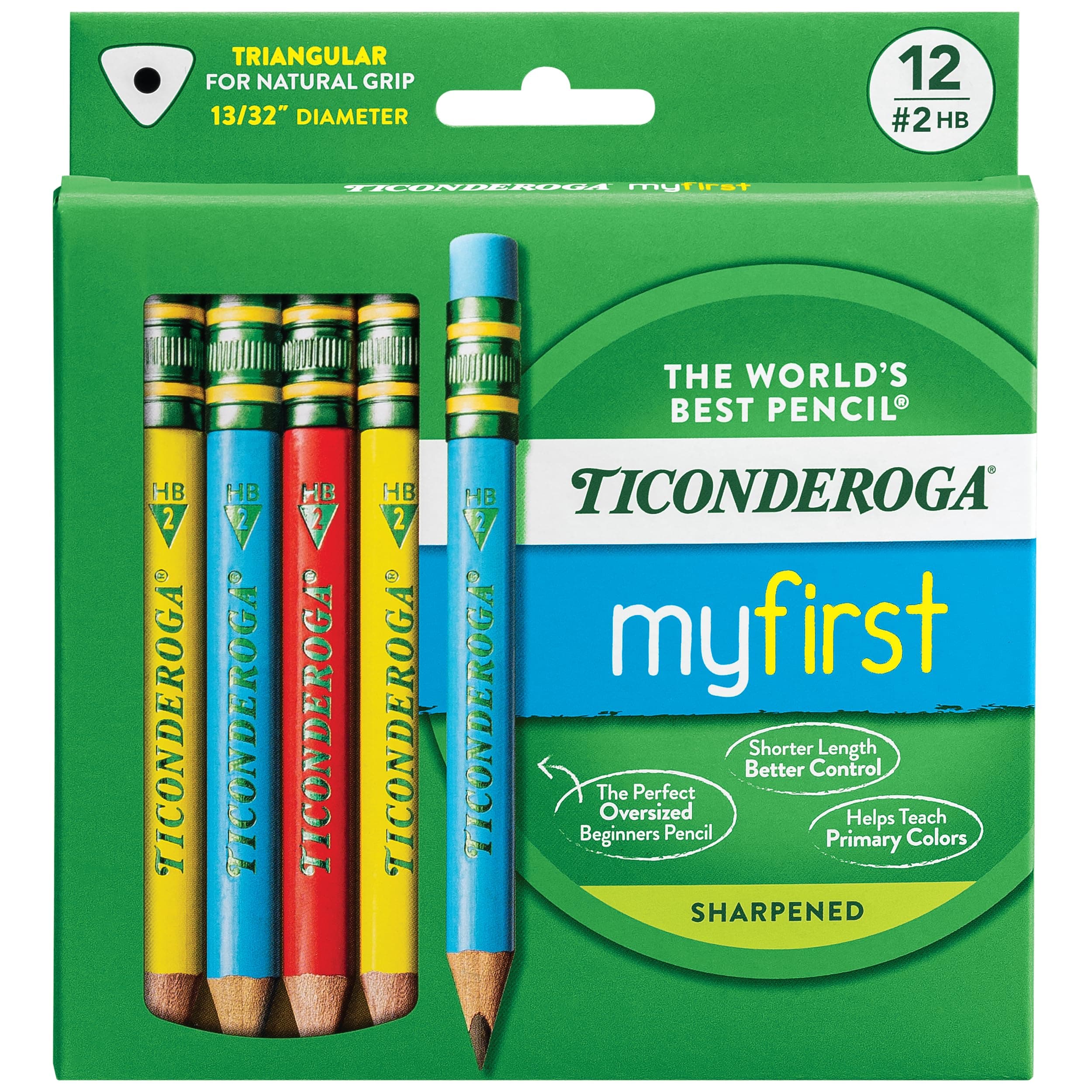 My First Short Triangular Wood-Cased Pencils, #2 HB Soft, With Erasers, Primary Colors, 12 Count