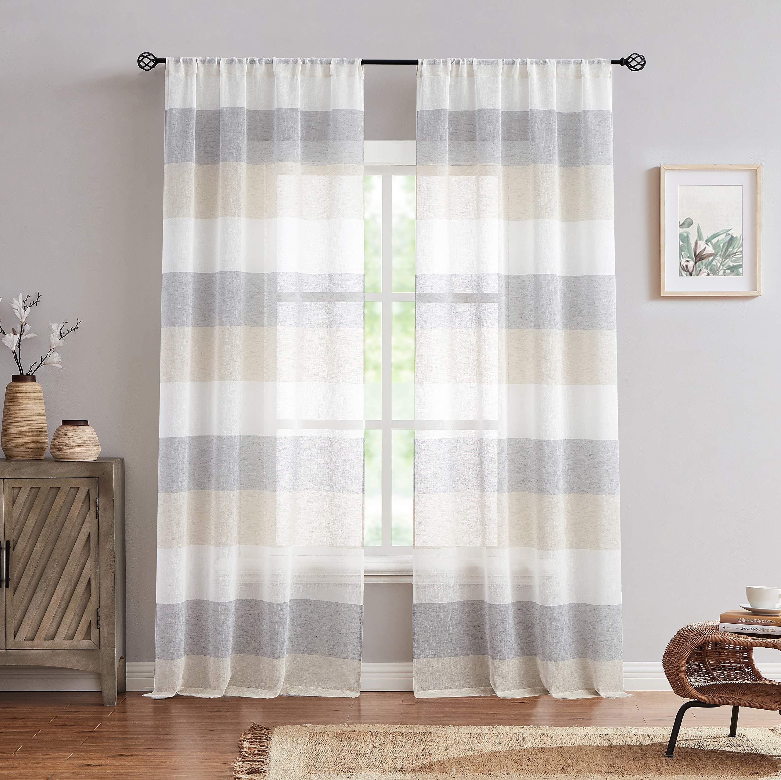 Gray Tan Stripe Sheer Color Block Window Curtain Panel Linen Window Treatment for Bedroom Living Room Farmhouse 84 inches Long Rod Pocket, 2 Panel Rustic Drapes, 40"x84"x2