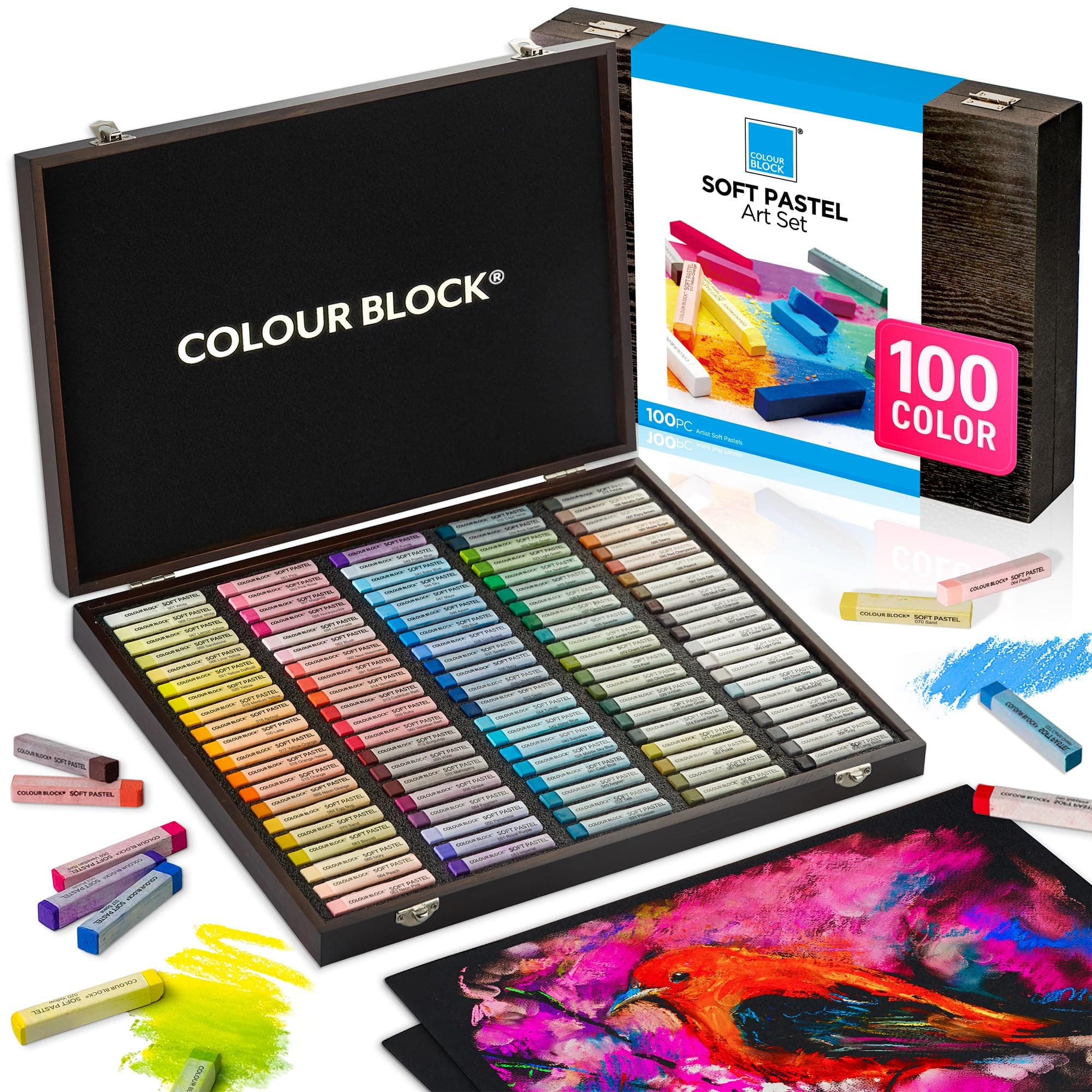 COLOUR BLOCK Soft Pastels for Artists - 100 Colors Square Chalk Pastels Set in Wooden Box - Vibrant Pigments Art Kit for Painting, Drawing, Sketching, Hobbyists.