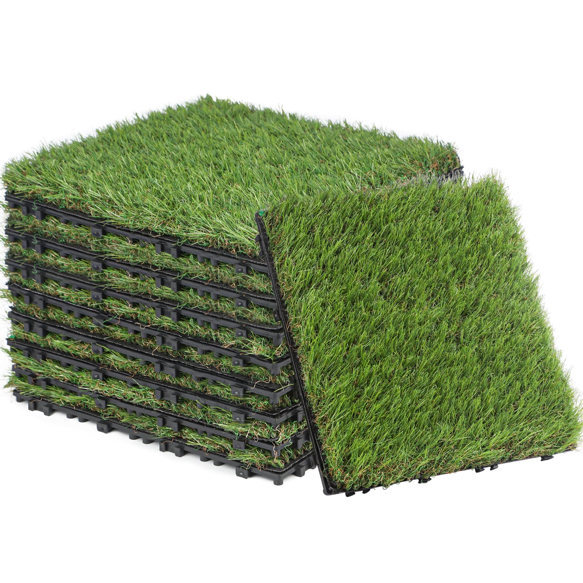 GOLDEN MOON Artificial Grass Turf Tile with Upgrade Interlocking System Self-draining Grass Tiles, 1x1 ft, 1 in Pile Height, 9 Pack