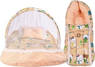 Babloo Baby Bed New Born Baby Bedding Set | Mosquito Net | Mattress | Carry Bag | Essentials Combo | Cotton | Infants | Boys & Girls (0-6 Months) Orange