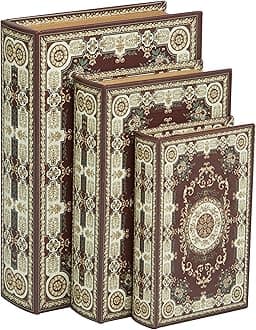 Deco 79 Canvas Decorative Box Storage Book Book Shaped Boxes with Arabesque Pattern and Gold Page Inspired Detail, Set of 3 Decorative Keepsake Boxes 12, 10, 8" H, Red