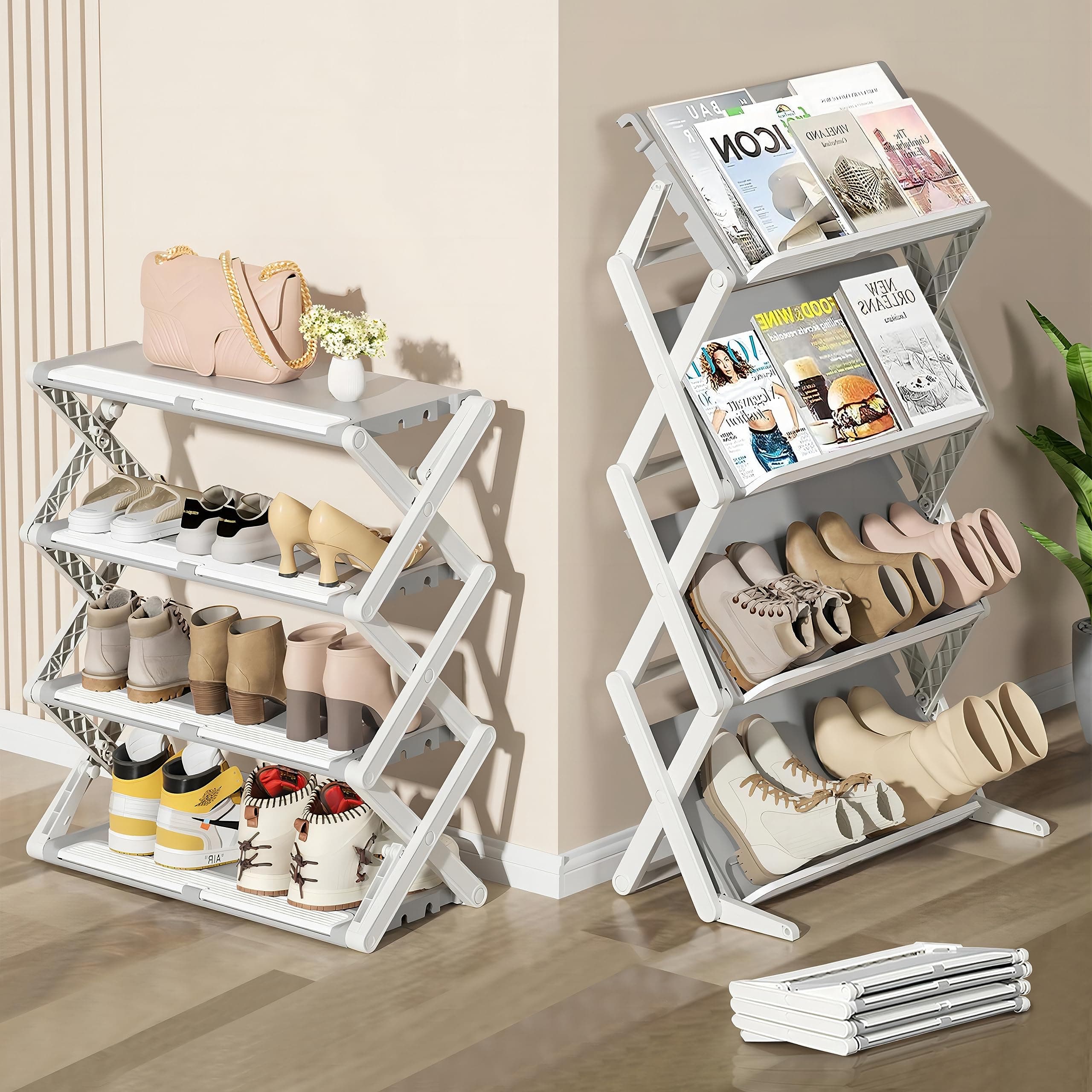 Foldable Shoe Rack, 4-Tier Narrow Shoe Organizer, Adjustable Shoe Shelf, Installation-Free Standing Shoe Rack for Closet Hallway Entryway Bedroom Bathroom Kitchen Door
