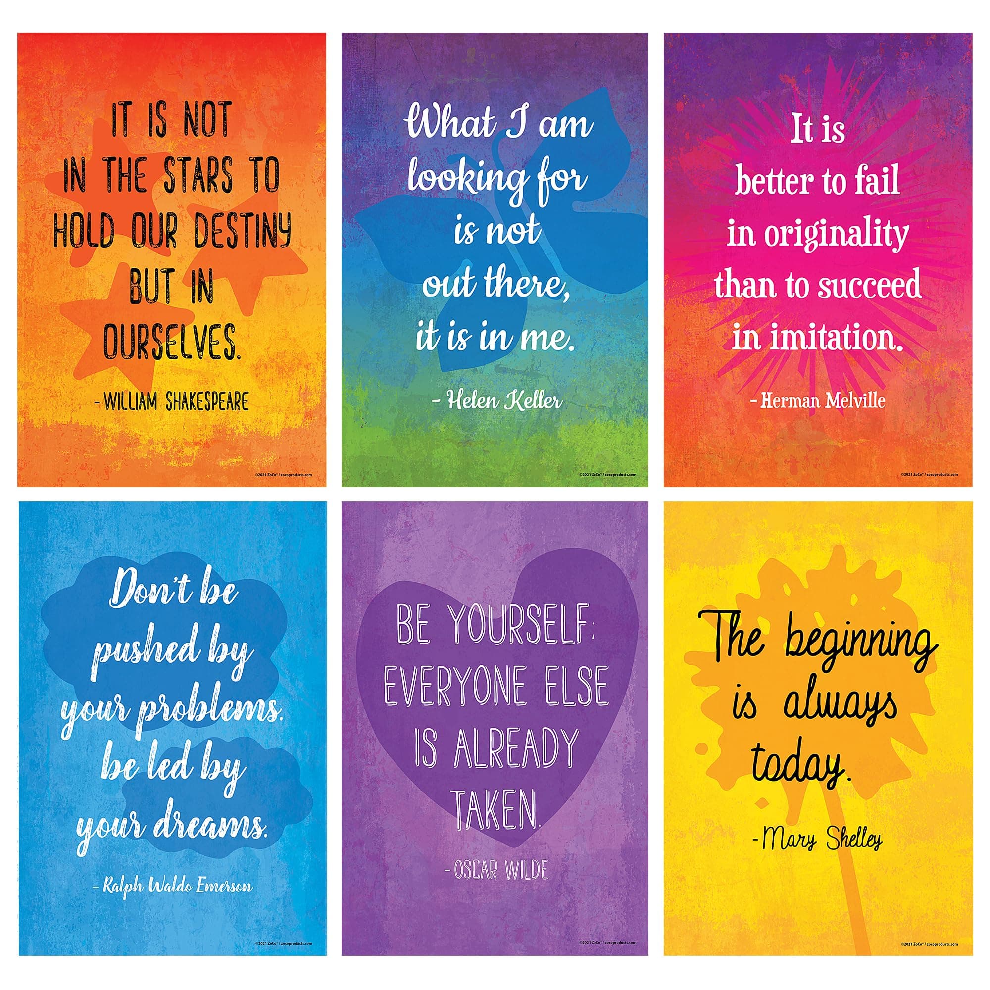 ZOCO - Inspirational Quotes Poster Set (6 Pack) - Laminated, 12x18 in. - Famous Author Quotes - Positive Messages, Motivational - Middle, High School English Classroom Wall Art