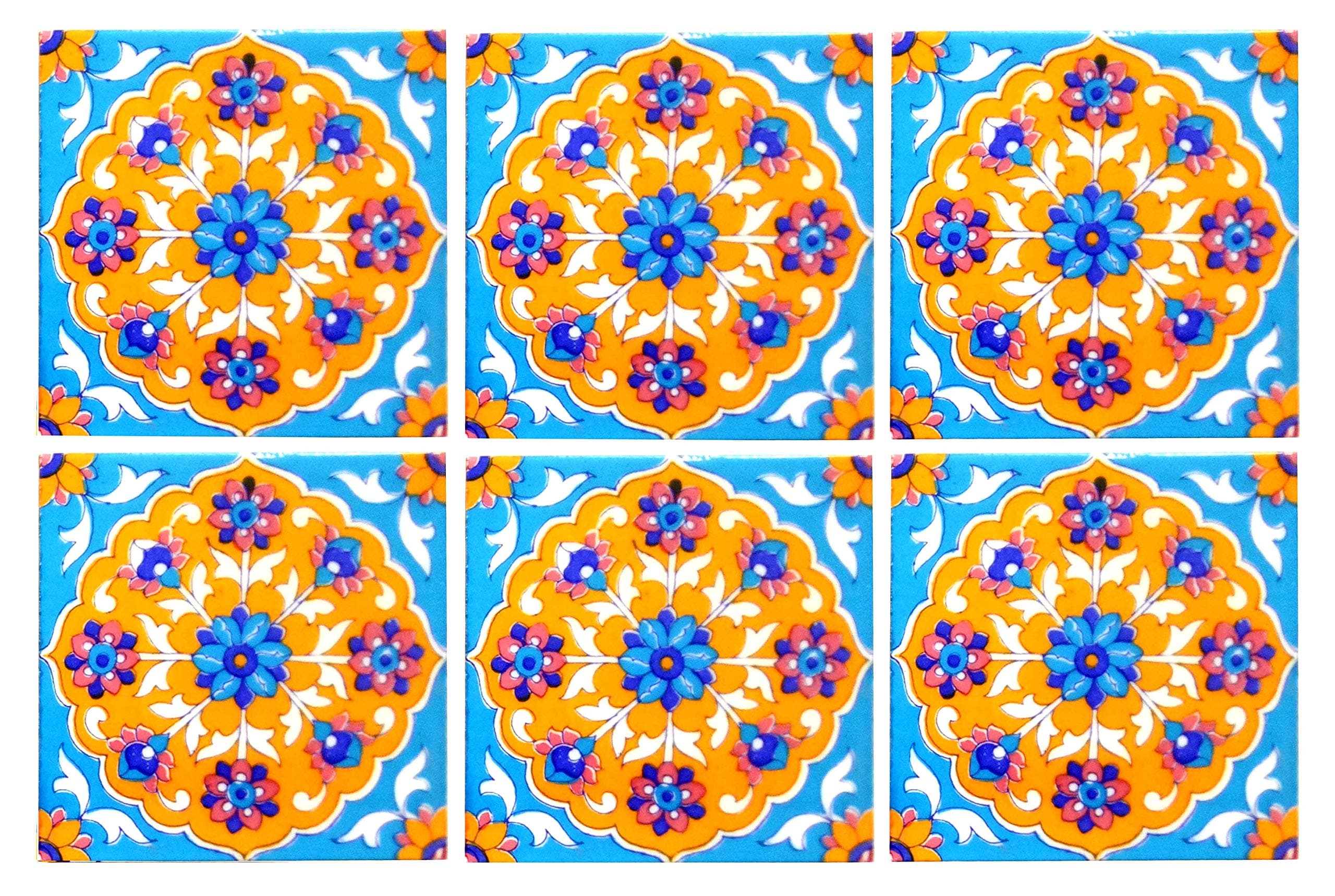 Shiv Kripa Blue Pottery Home Decor Moroccan Blue Pottery Ceramic Handmade Painted Wall Tiles 6 x 6 Inch Set of 6 Tiles (Sky Blue &Multi)