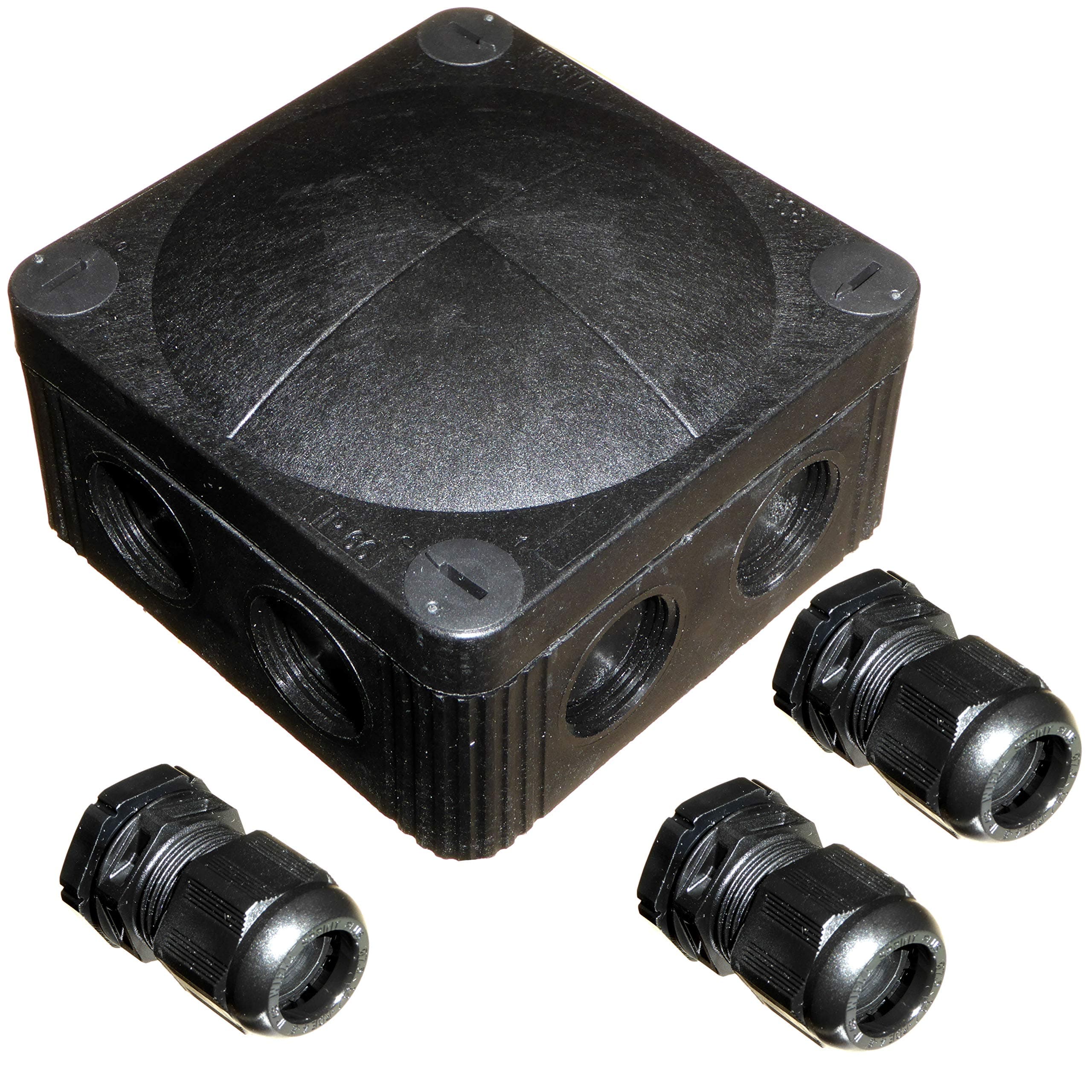WISKABlack 308/5 Combi Junction Box with 3 x GLP20+ IP68 Cable Glands Outside Wiring