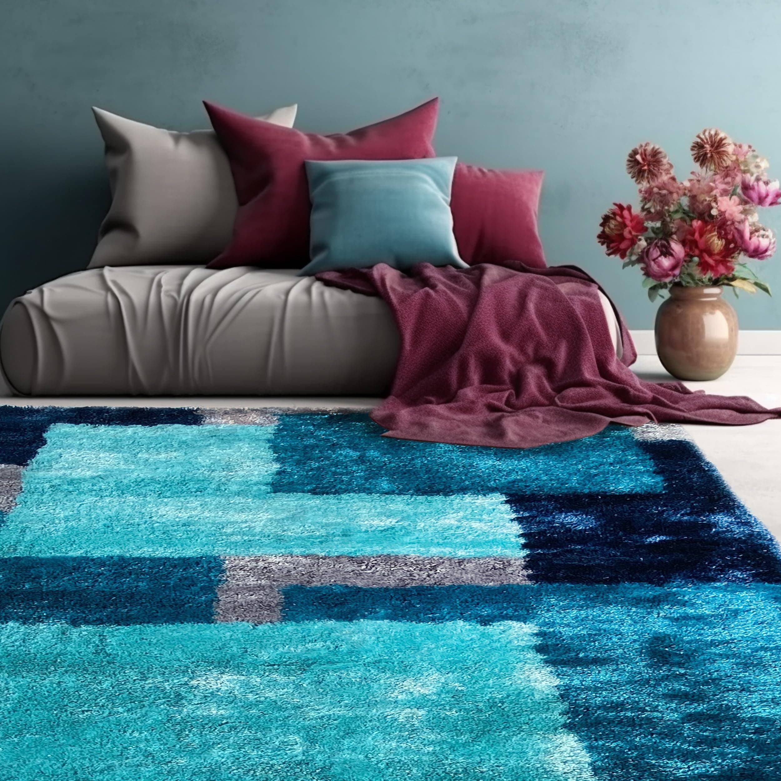 LA Rug Linens Indoor Geometric Area Rug, Modern Boxes Design, Non Slip Backed, Soft Pile Shag Carpet (Blue, 5x7 ft)