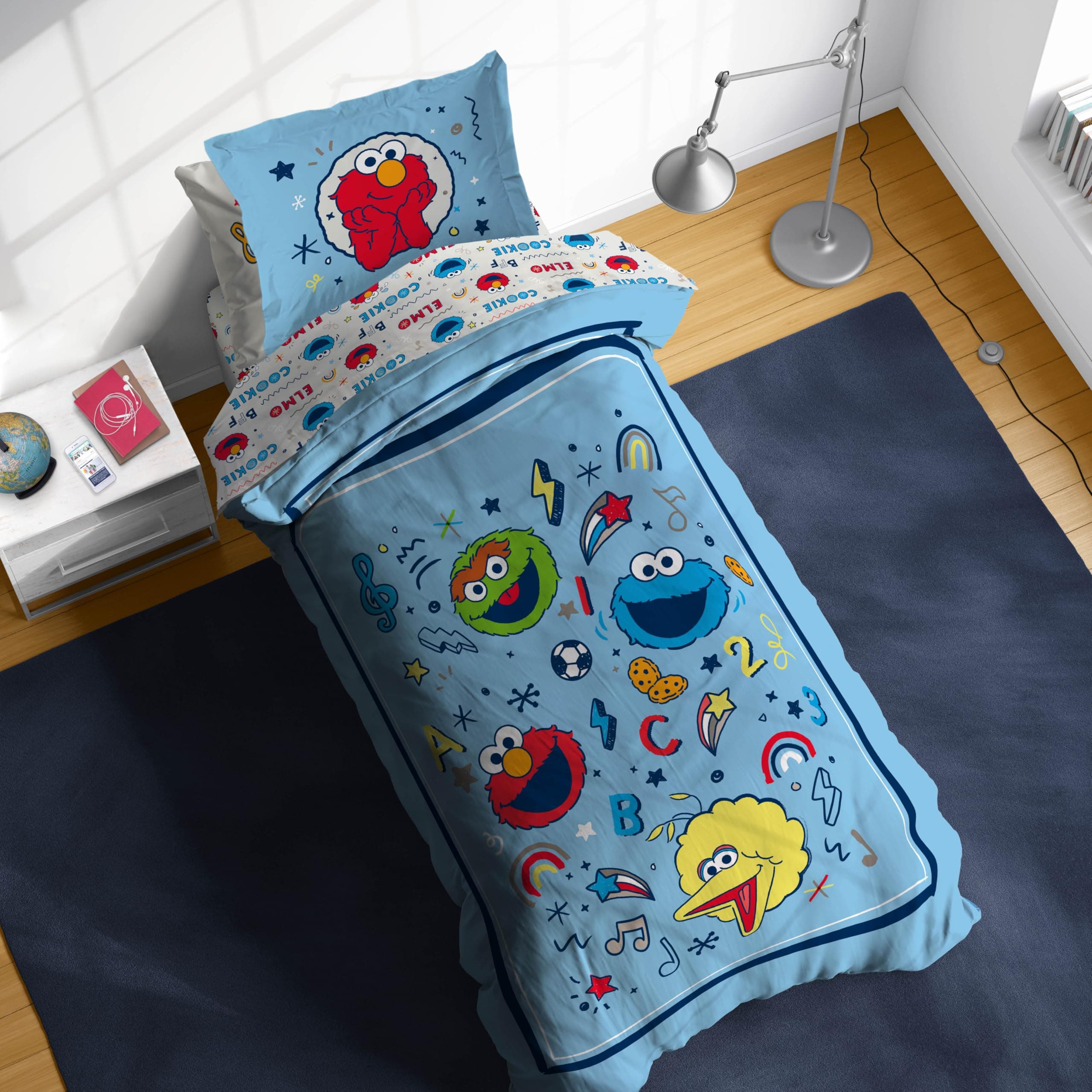 Sunny Side Up Sesame Street Twin Comforter Set - 5 Piece Kids Bedding Includes Comforter, Sheets & Pillow Cover – Super Soft Microfiber Bed Set with Elmo, Cookie Monster and Big Bird