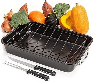 Carbon Steel Roaster Pan With “V” Shape Removable Roasting Rack Set, 16.5 Inch Rectangular Nonstick Roasting Pan, Turkey Roaster Pan Rack With Carving Fork & Chef Knife