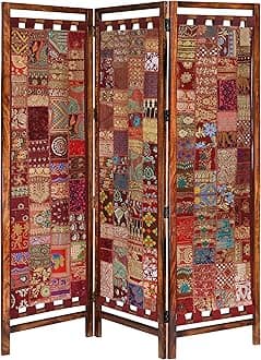 Room Divider Wood Floor Screen Partition - Sari Patchwork Fabric on Antique Brown Wood Frame - Three Folding Panels 60 x 72 - Free Standing Portable Small Spaces Boho - Burgundy Multi - COTTON CRAFT