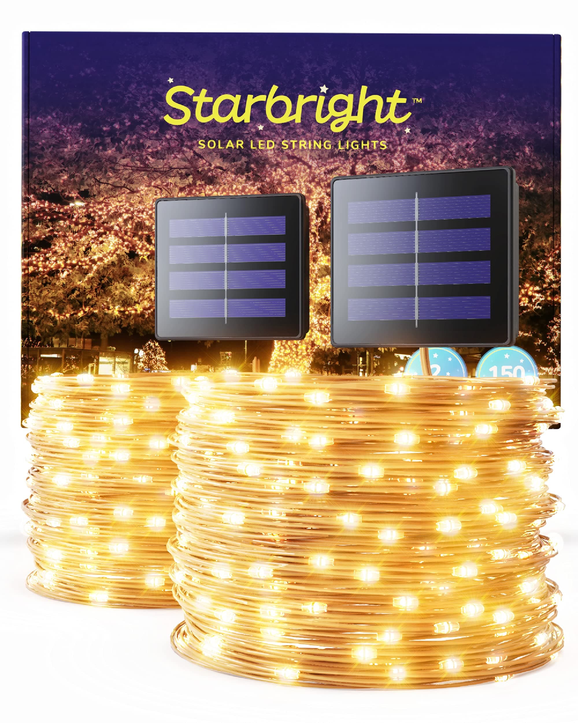 Starbright Solar LED String Lights (1-Pack) 2 Strings Warm White 150-Bulb Fairy Lights, 8 Lighting Modes for Outdoor, Garden, Tree, Patio, Fence, Hedge