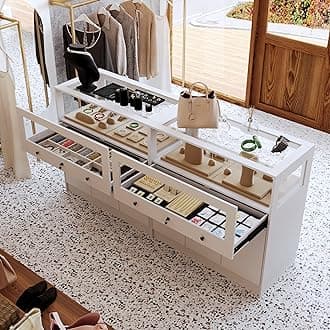 Hitow Display Cabinet Island with Glass Top and Front, Walk in Closet Organizer with Lockable Drawer and Shelves, Shop Display Case, Walk in Wardrobe Furniture, Living Room Storage, White