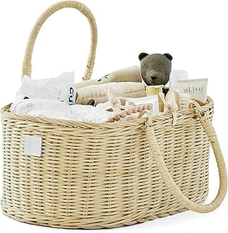 BEBE BASK Premium Baby Diaper Caddy Organizer - Handmade Rattan Basket With Cotton Divider - Award-Winning & Luxury Diaper Caddy Basket - (SAVANNAH)
