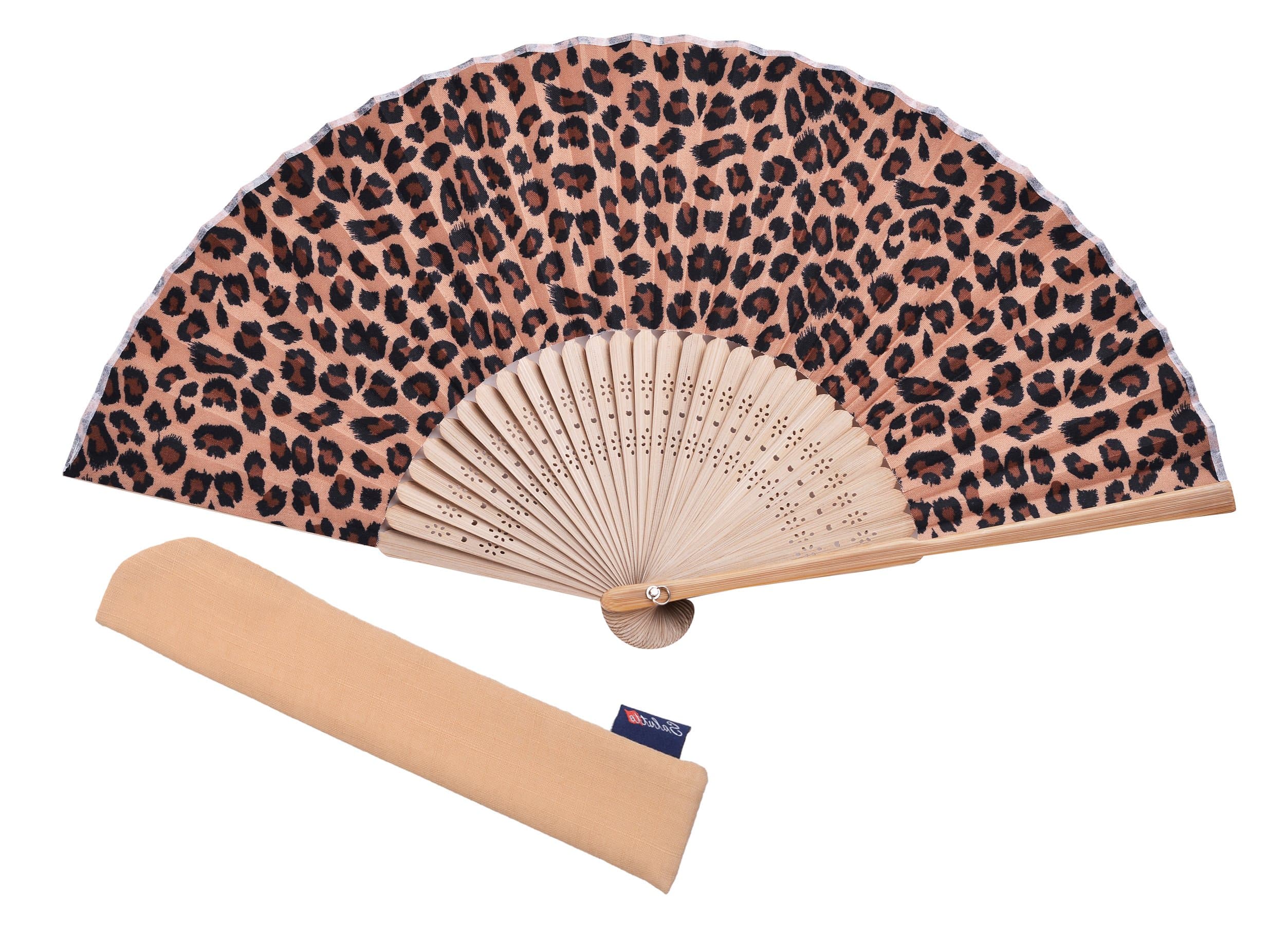 Hand Fan Bamboo Leopard Printed Folding Fan Cotton For Party Wedding Gift with Fan Cover