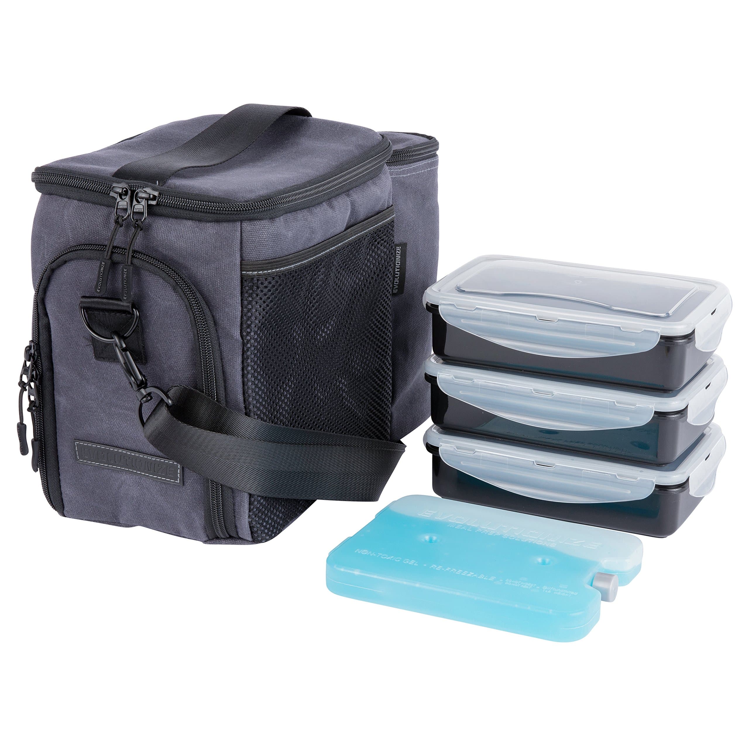 EDC Meal Prep Bag - Full Meal Prep Lunch Box Management System Includes Portion Control Meal Prep Containers + Ice Pack (3 Meal Insulated Cooler Bag, Black) (3 Meal, Grey (Waxed Canvas))