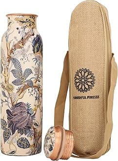Pure Copper Water Bottle 34 Ounce Copper Bottle with JUte Carry Bag For Gym Office (Pack of 1, White Floral)